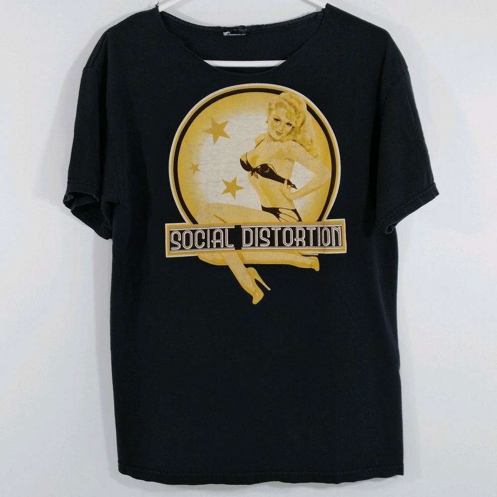 Social Distortion Shirt Pin Up Girl Band Black Short Sleeve Cut Collar Vintage M